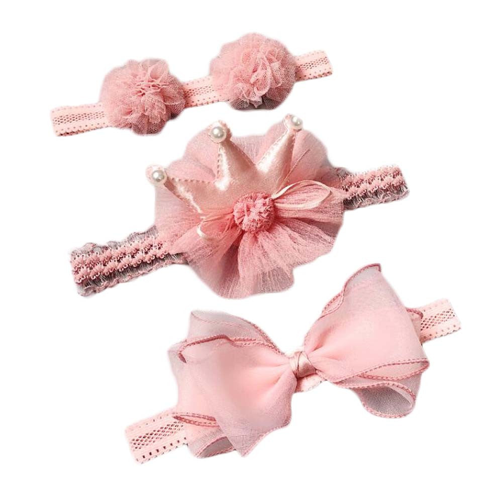 3 Pcs Pink Baby Girl Cute Hair Bands Bowknot Headbands Flower Crown Headwear