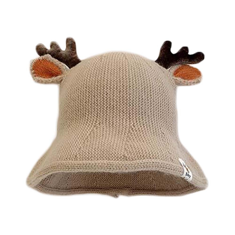 Beige Cute Kids Fall Winter Hat Antler Christmas Hat Boys Girls Bucket Hat Warm Knitted Hat, 1-3Y