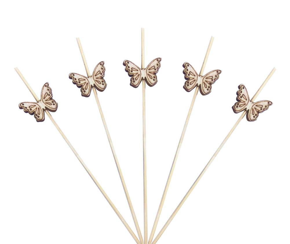 100 Pcs Bamboo Fruit Picks Butterfly Cocktail Sticks Appetizer Toothpicks