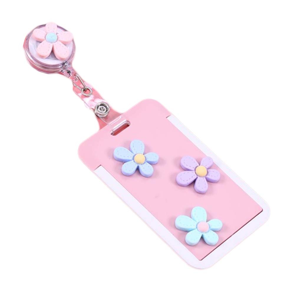 Pink Retractable Badge Clip Flowers ID Card Badge Holder Office Students Name Card Entrance Key Card Holder