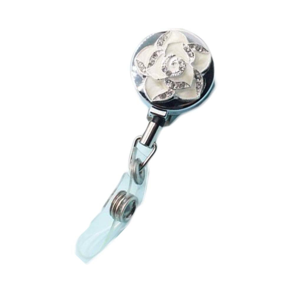 White Camellia Retractable Badge Clip Metal Rhinestone Beads ID Card Badge Holder for Office Worker Teachers Students