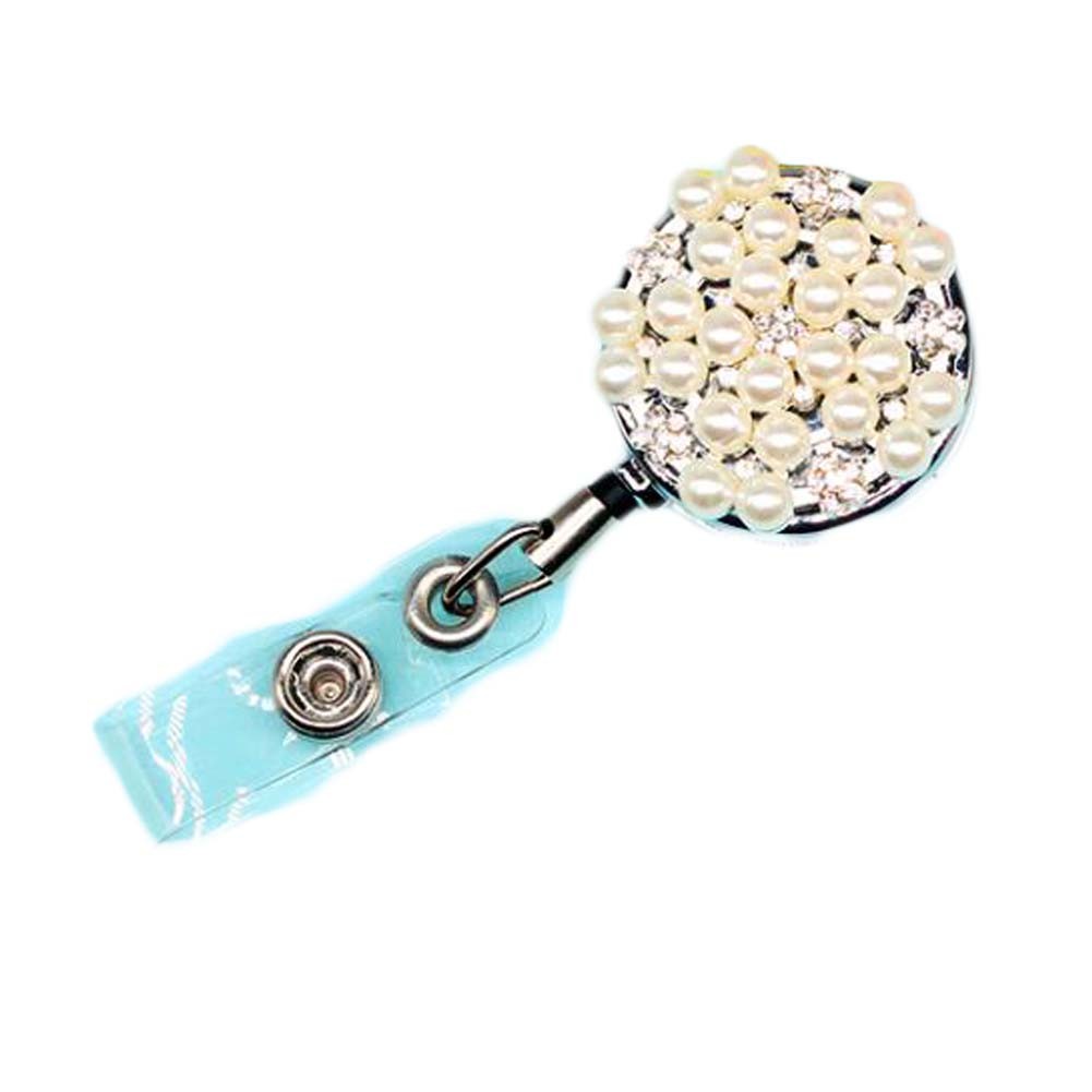 White Retractable Badge Clip Metal Rhinestone Beads ID Card Badge Holder for Office Worker Teachers Students