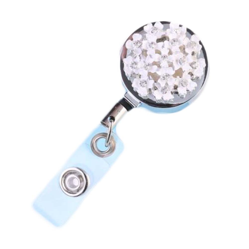 White Babysbreath Retractable Badge Clip Metal Rhinestone Beads ID Card Badge Holder for Office Worker Teachers Students