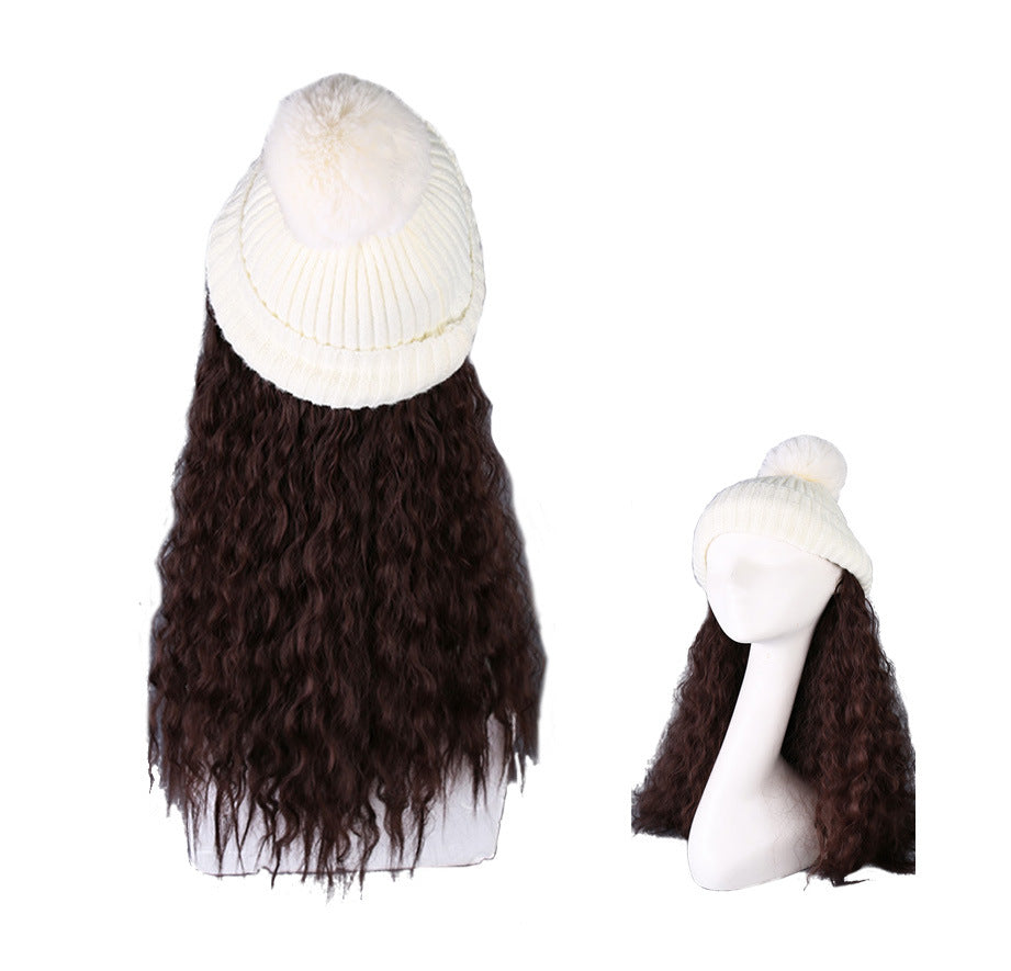 Womens Winter Knit Hat with Synthetic Long Curly Corn Wave Hair Attached, Brown Wig Cap