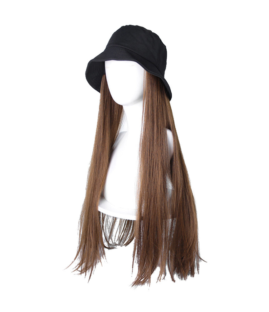 Brown Long Straight Hair With Bucket Hat Hair Extension Wig Hat for Women Girls Wig Cap