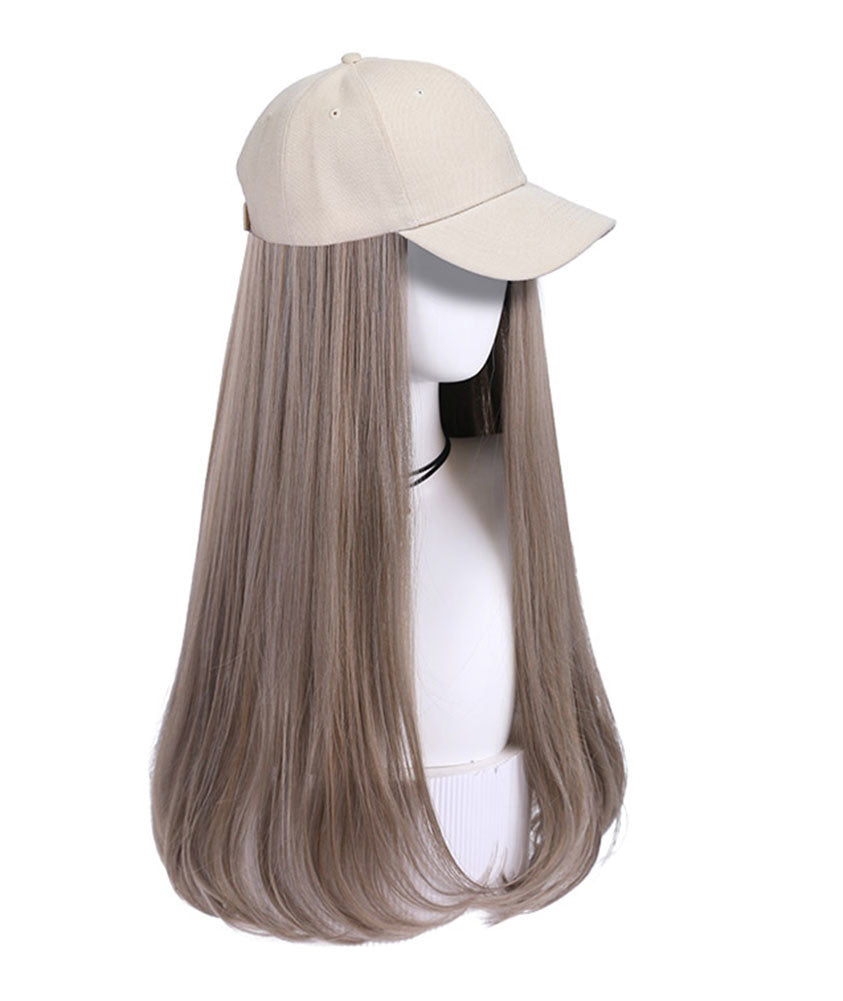 Womens Beige Baseball Cap With Ombre Grey Long Hair Attached Synthetic Hair Extensions Wig Cap