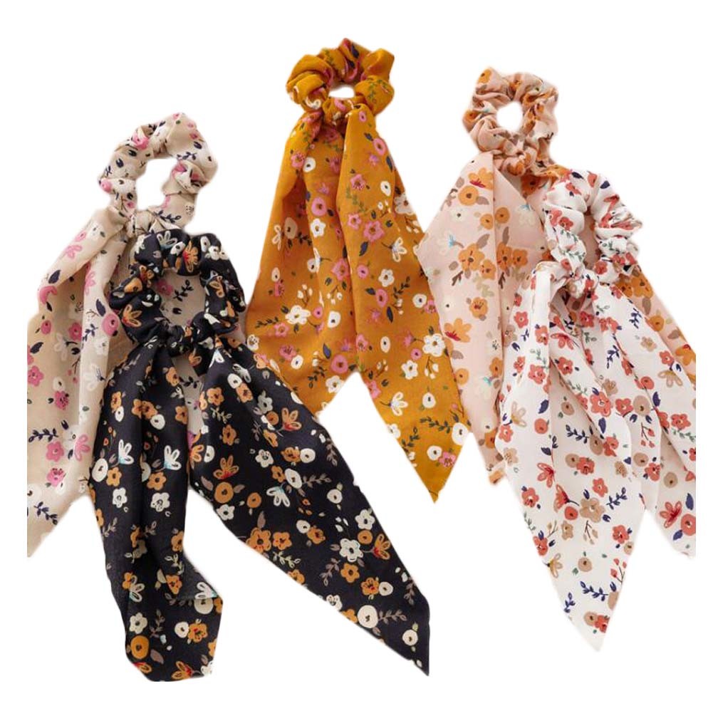 5 Pcs Floral Ribbon Scrunchies Plum Blossom Hair Bow Scarf Scrunchies Polyester Hair Ties