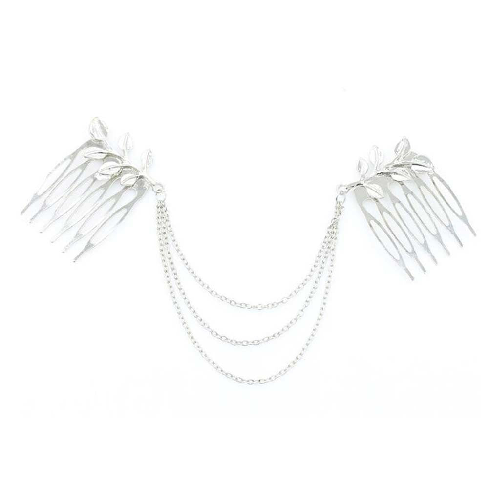 2 Pcs Silver Color Retro Hair Combs Leaves Decorative Mini Side Combs Hair Chain Tassels DIY Bridal Hair Accessories