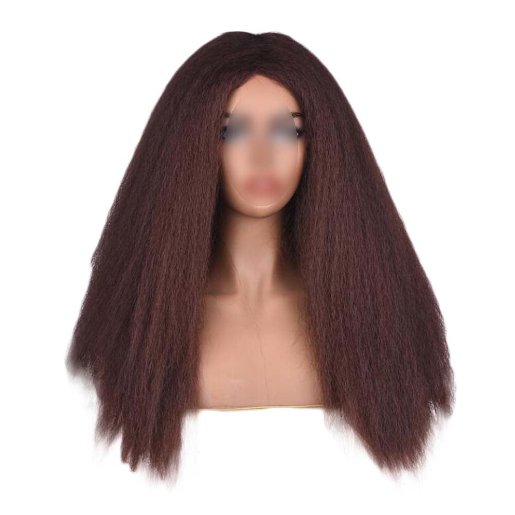 Afro Yaki Hair Straight Curly Wigs Dark Brown Long Full Wig Fluffy Synthetic Hair Wigs for Daily Wear, 24inch