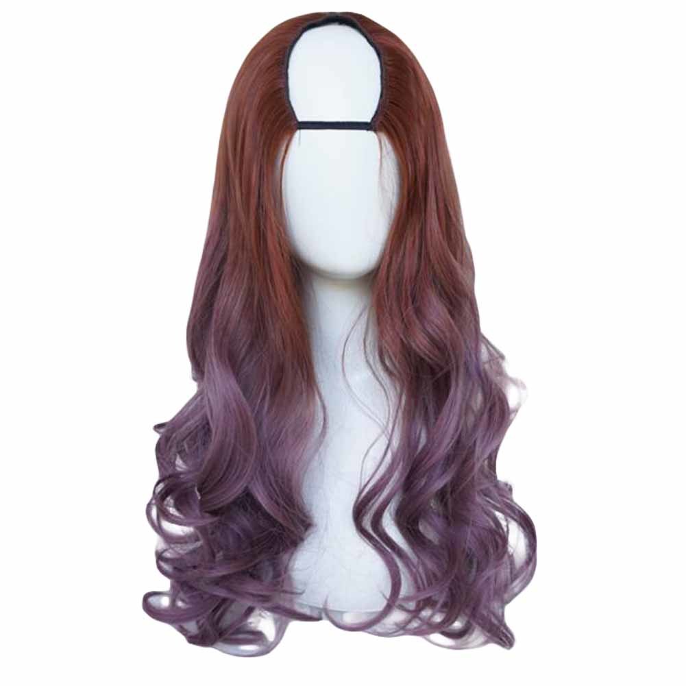 Light Brown Purple Ash 65 cm U Shape 2 Tone Long Curly Hair Wig Cosplay Full Wig Halloween Dress Up