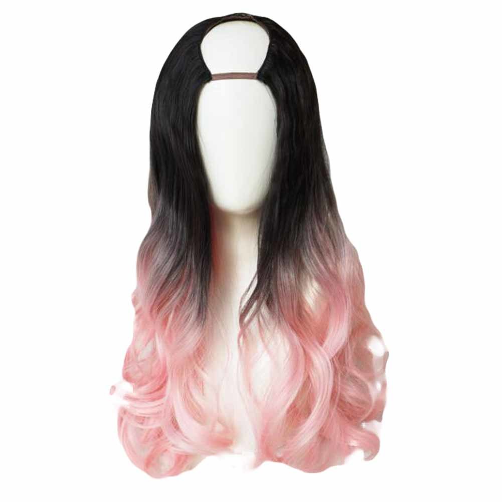 Pink Black 65 cm U Shape 2 Tone Long Curly Hair Wig Synthetic Full Wig Cosplay Halloween Dress Up