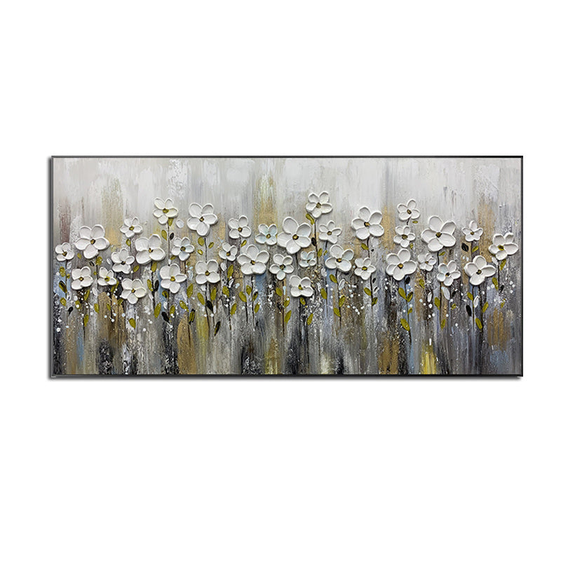 Handmade Gold Foil Abstract Oil Painting  Wall Art Modern Minimalist White Flowers Canvas Home Decorative For Living Room No Frame