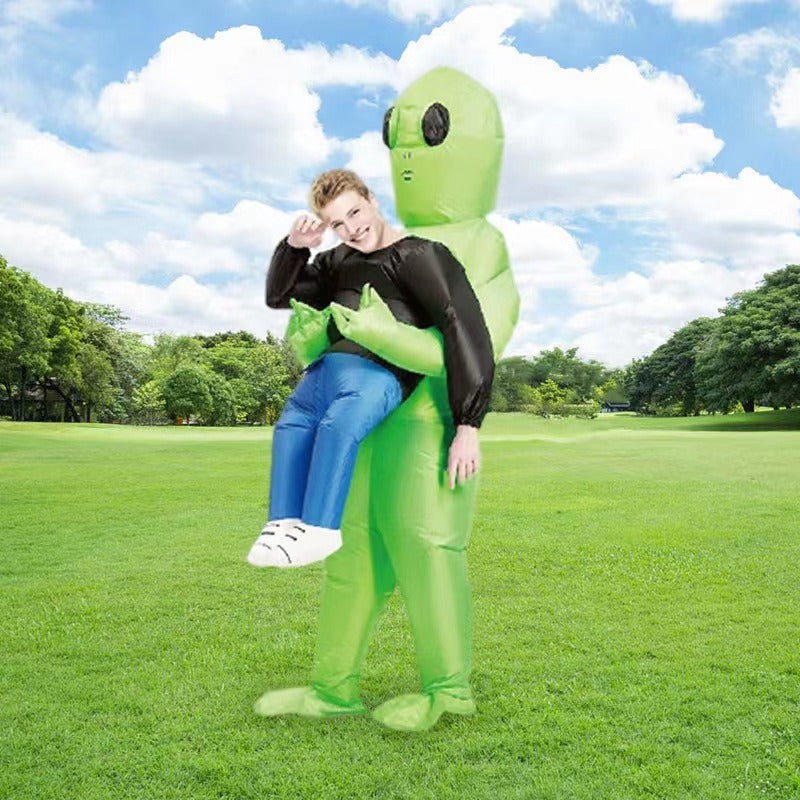 Green Alien Carrying Human Costume Inflatable Funny Blow Up Suit Cosplay For