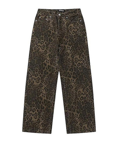 Tan Leopard Jeans Women Denim Pants Female Oversize Wide Leg Trousers