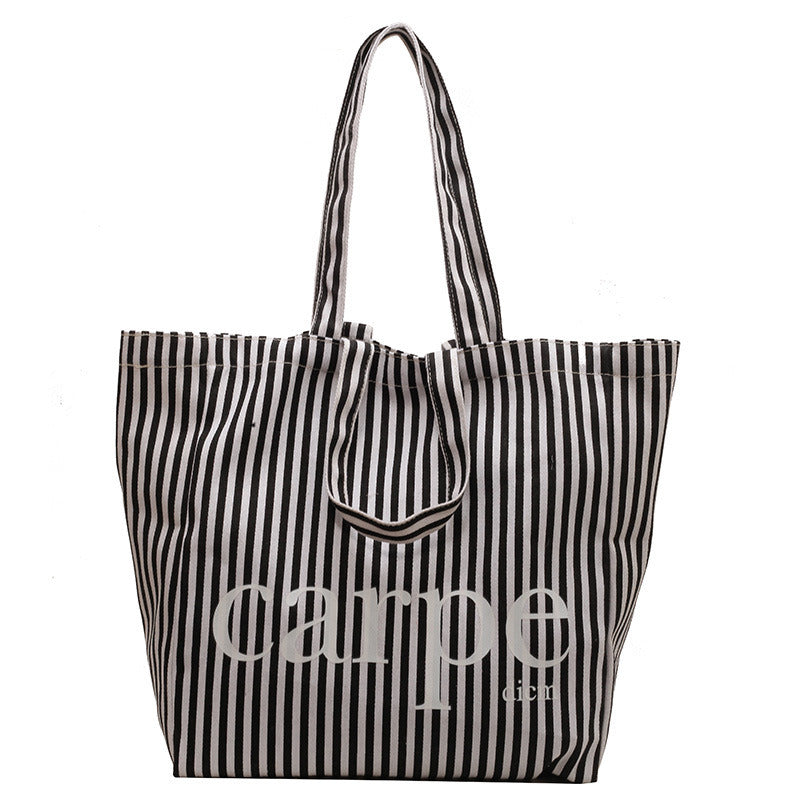 Striped Canvas Bag Tote Bag Large Capacity One Shoulder Handbag