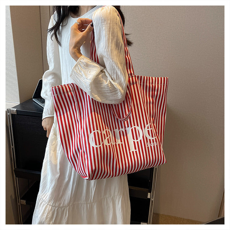 Striped Canvas Bag Tote Bag Large Capacity One Shoulder Handbag