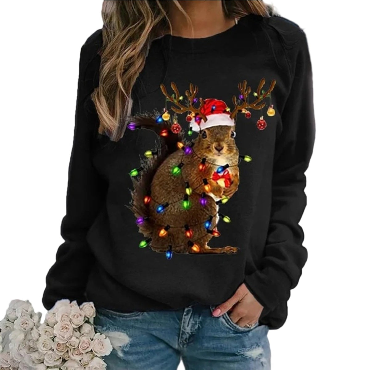 Women Christmas Sweatshirt, Christmas Hat Squirrel Print Print Shirt