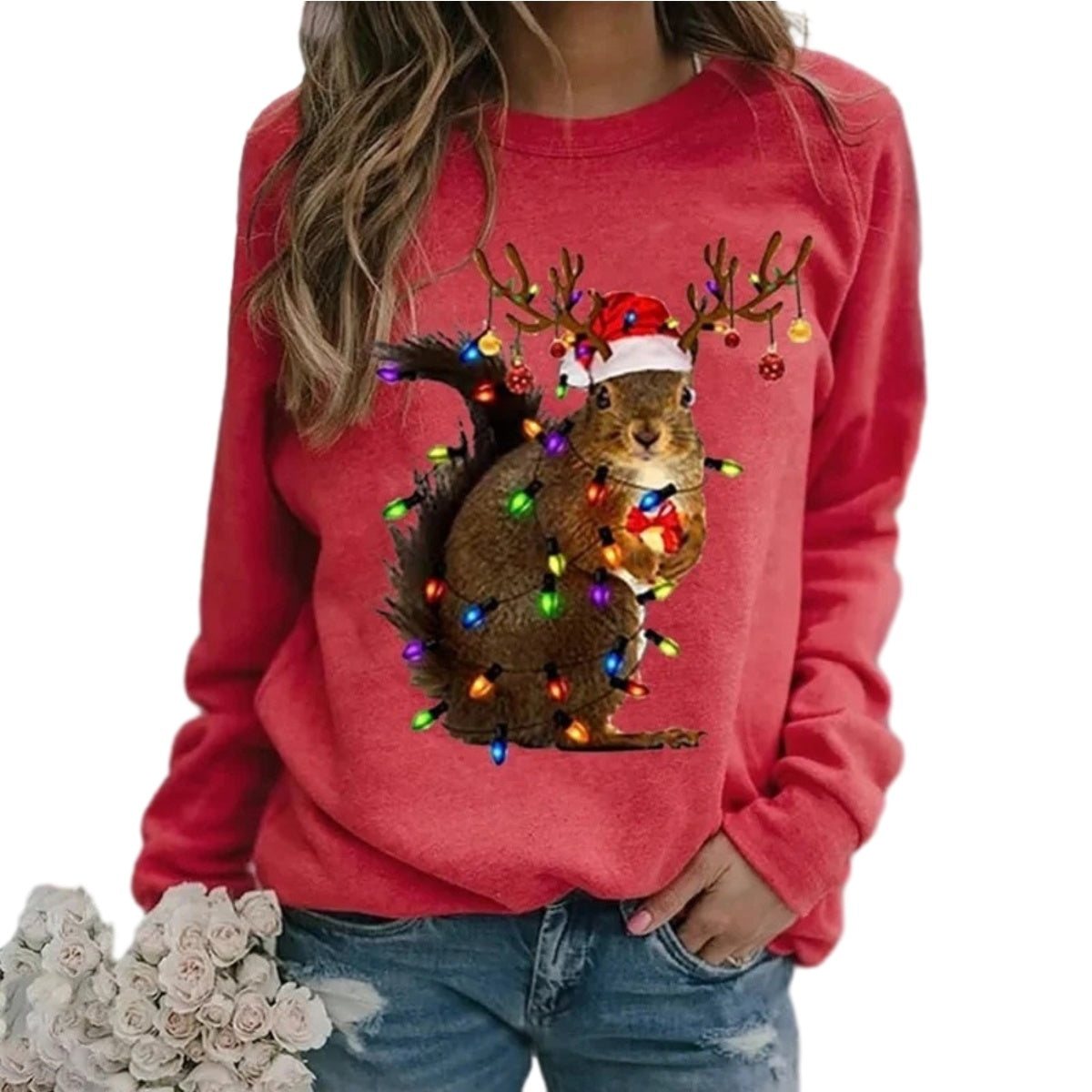 Women Christmas Sweatshirt, Christmas Hat Squirrel Print Print Shirt