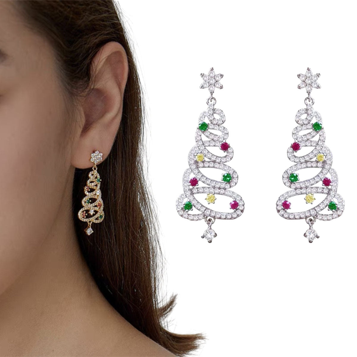Shiny Christmas Tree Earrings, Crystal Zircon Dangle Earrings for Women