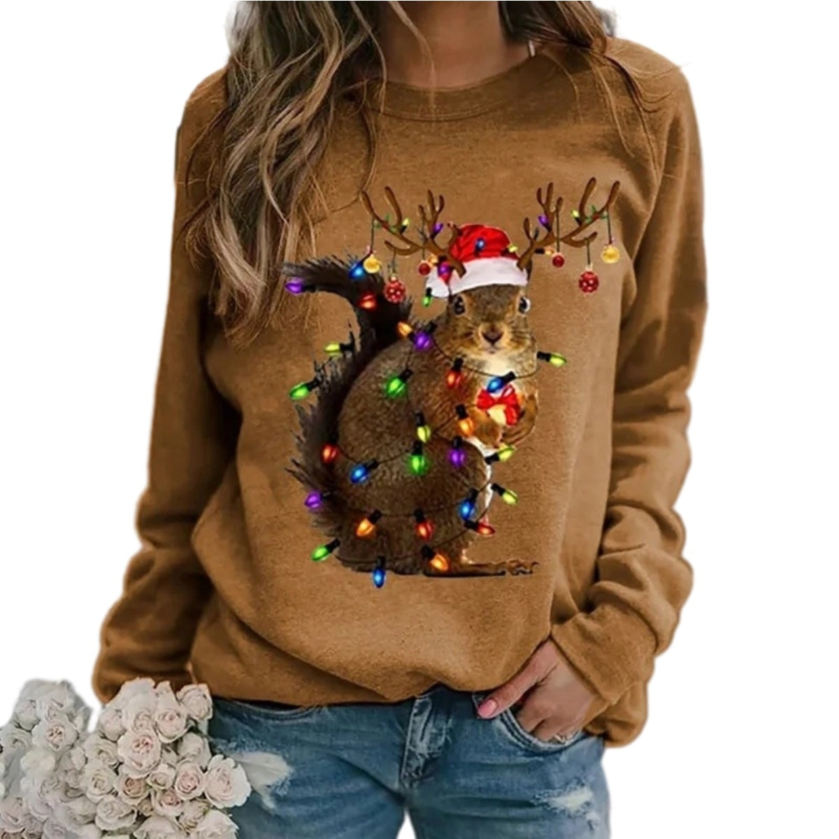 Women Christmas Sweatshirt, Christmas Hat Squirrel Print Print Shirt