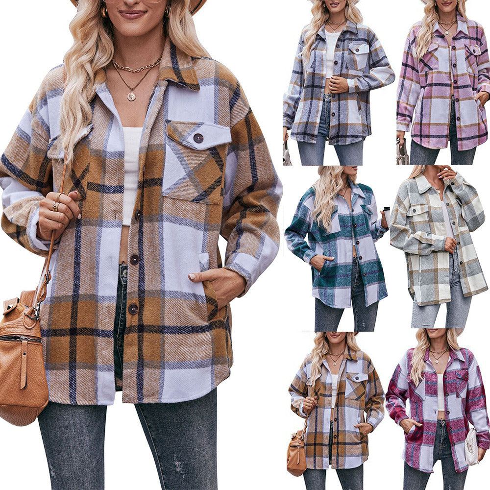 Women's Flannel Plaid Shacket Long Sleeve Button Down Flannel Shirts Plaid Jacket Coats With Chest Pocketed