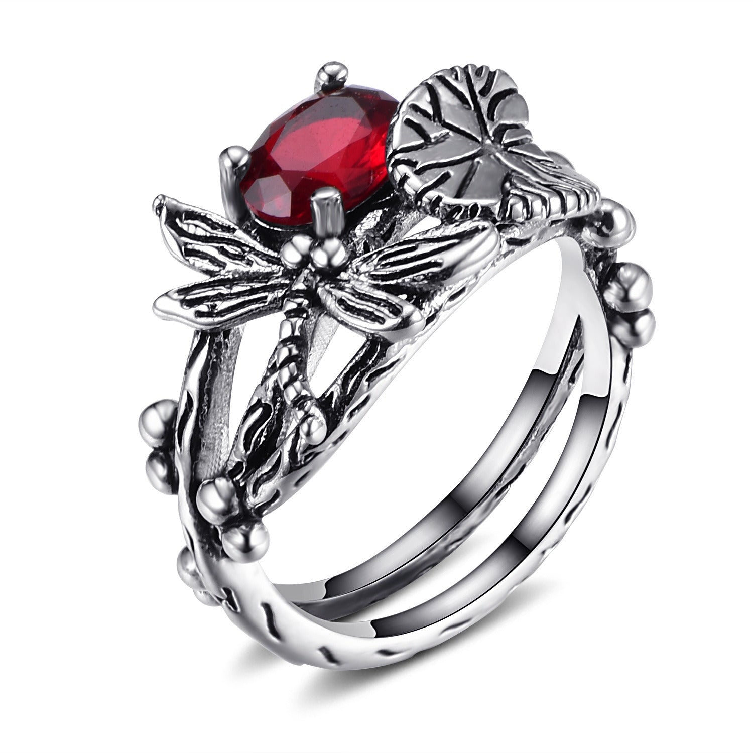 Creative Dragonfly Lotus Ring Women's Retro Ancient Silver Inlaid Zircon Ring