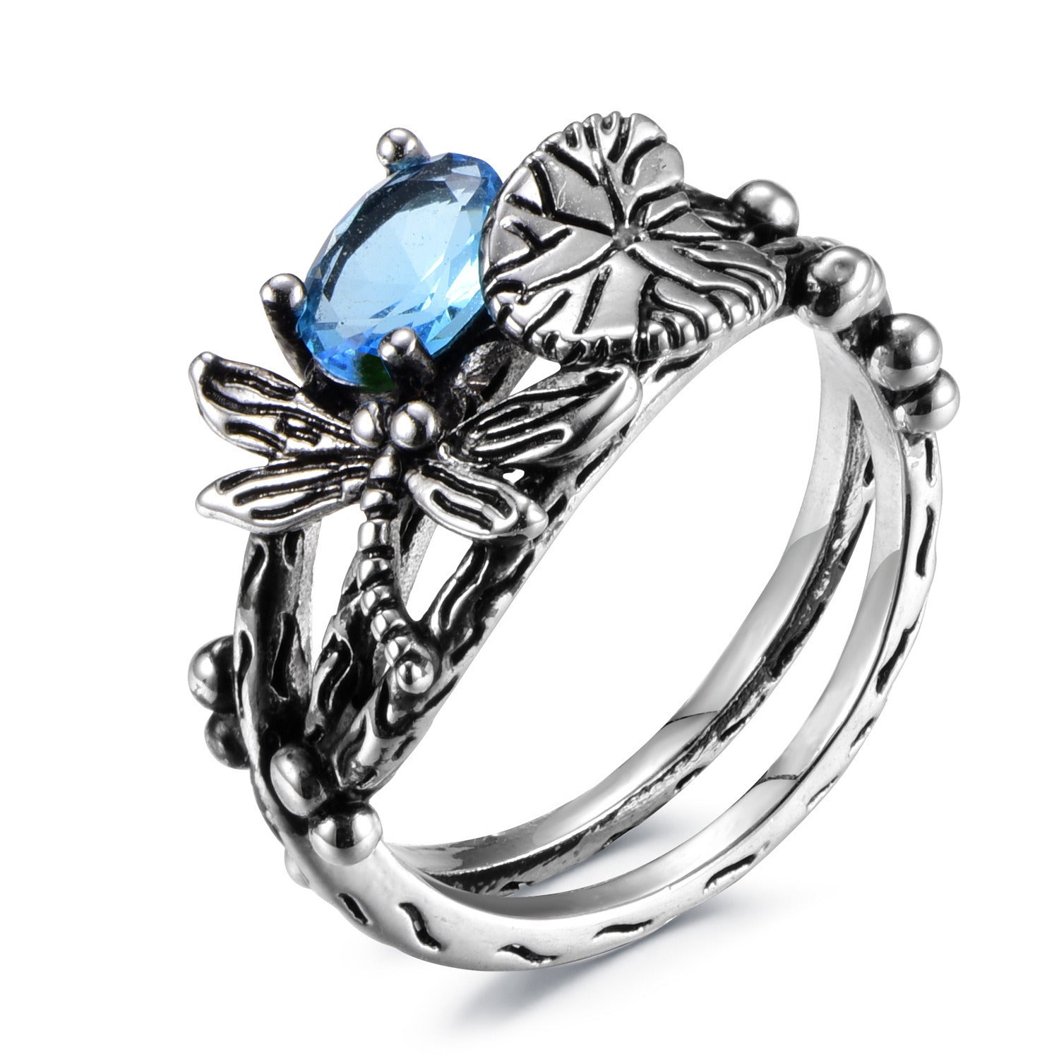 Creative Dragonfly Lotus Ring Women's Retro Ancient Silver Inlaid Zircon Ring