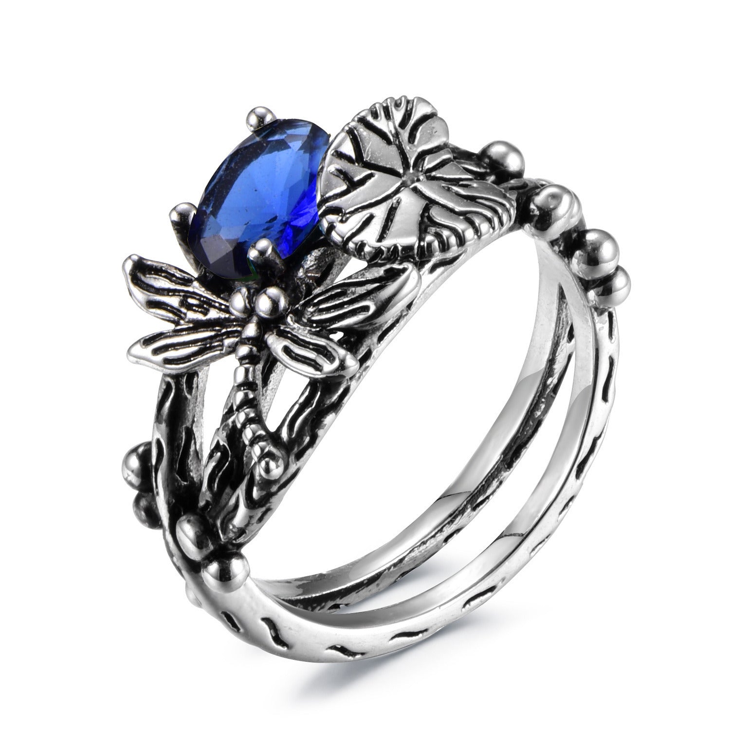 Creative Dragonfly Lotus Ring Women's Retro Ancient Silver Inlaid Zircon Ring