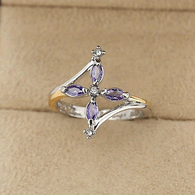 Classic Purple Zircon Ring Silver Plated Rhombus Shape Engagement Wedding Ring Anniversary Gift