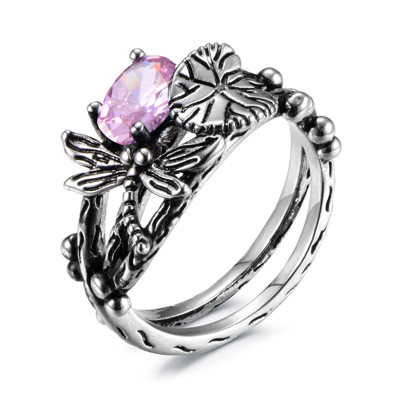 Creative Dragonfly Lotus Ring Women's Retro Ancient Silver Inlaid Zircon Ring