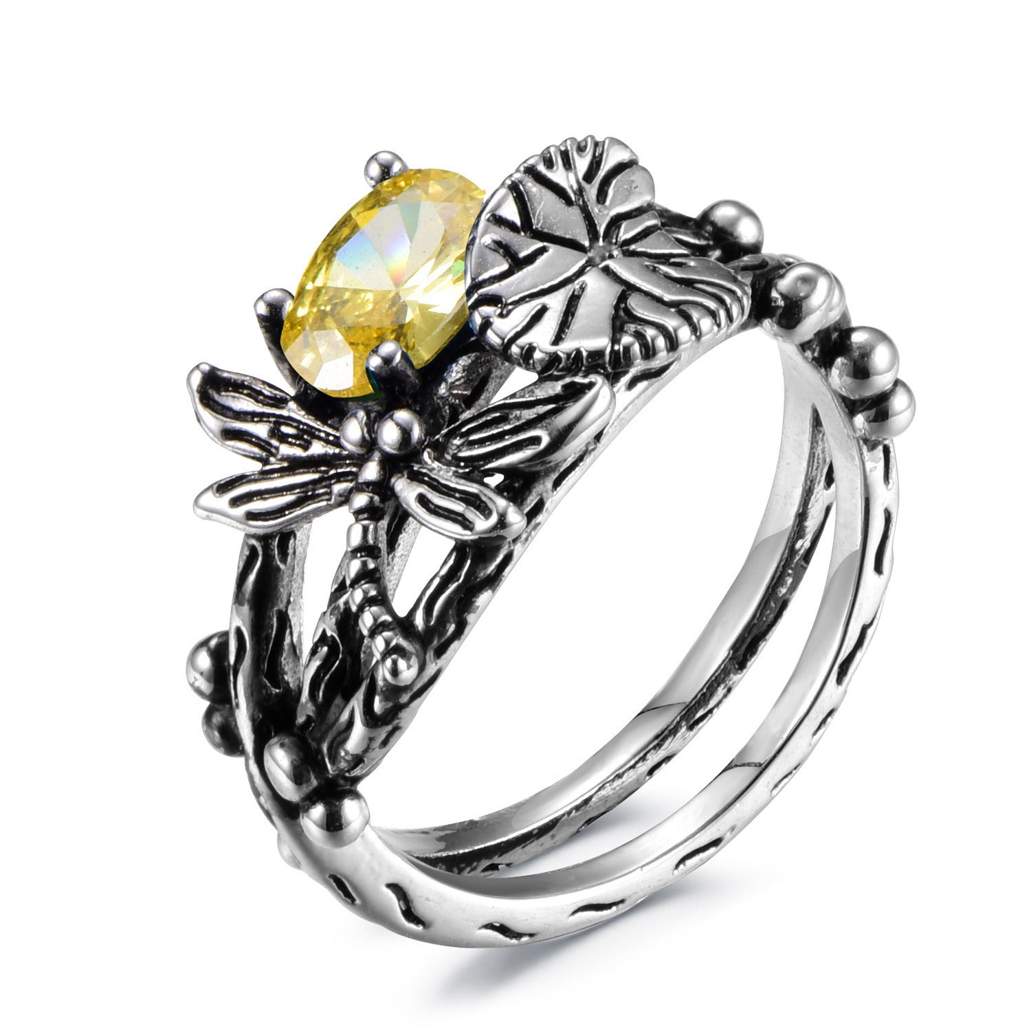 Creative Dragonfly Lotus Ring Women's Retro Ancient Silver Inlaid Zircon Ring