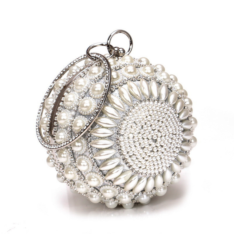 Round Evening Bag Clutch Ladies Metal Bag Women's Party Handbag Pearl Decoration