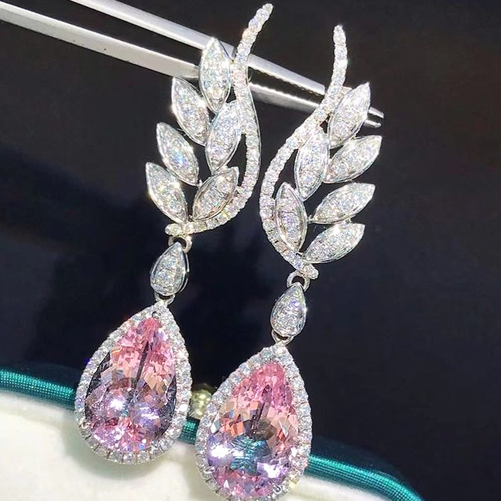 Huitan Pear Cubic Zirconia Dangle Earrings Women for Engagement Wedding Luxury Inlay Brilliant CZ Temperament Sweet Pink Jewelry