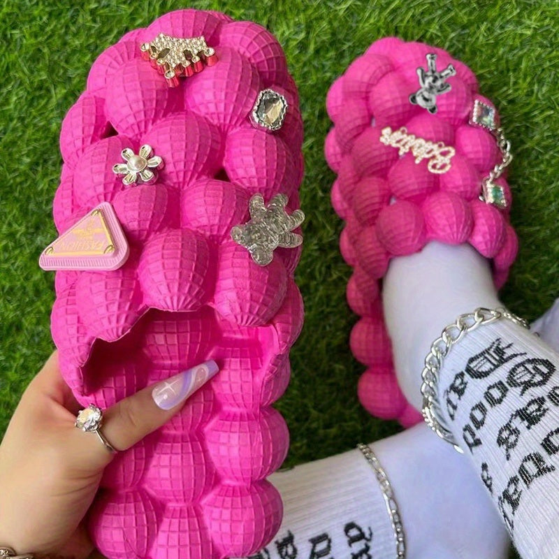 Women's Fashionable Bubble Slippers With Charm, Waterproof Non Slip Beach Slippers, Comfy Thick Sole Sports Slippers