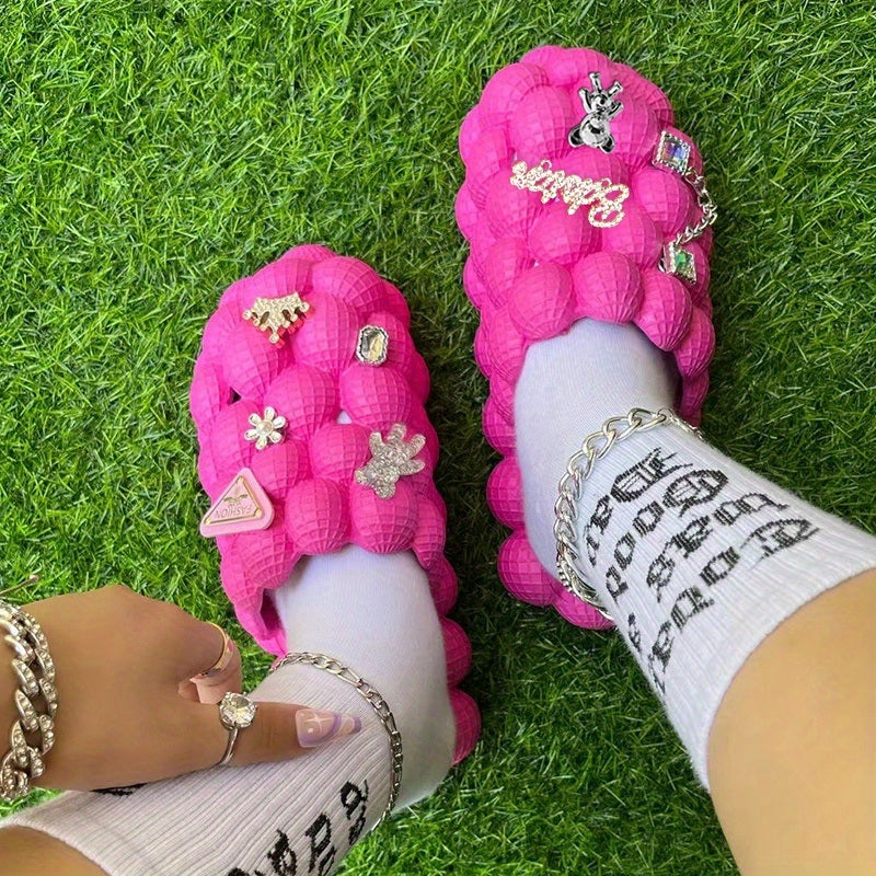 Women's Fashionable Bubble Slippers With Charm, Waterproof Non Slip Beach Slippers, Comfy Thick Sole Sports Slippers