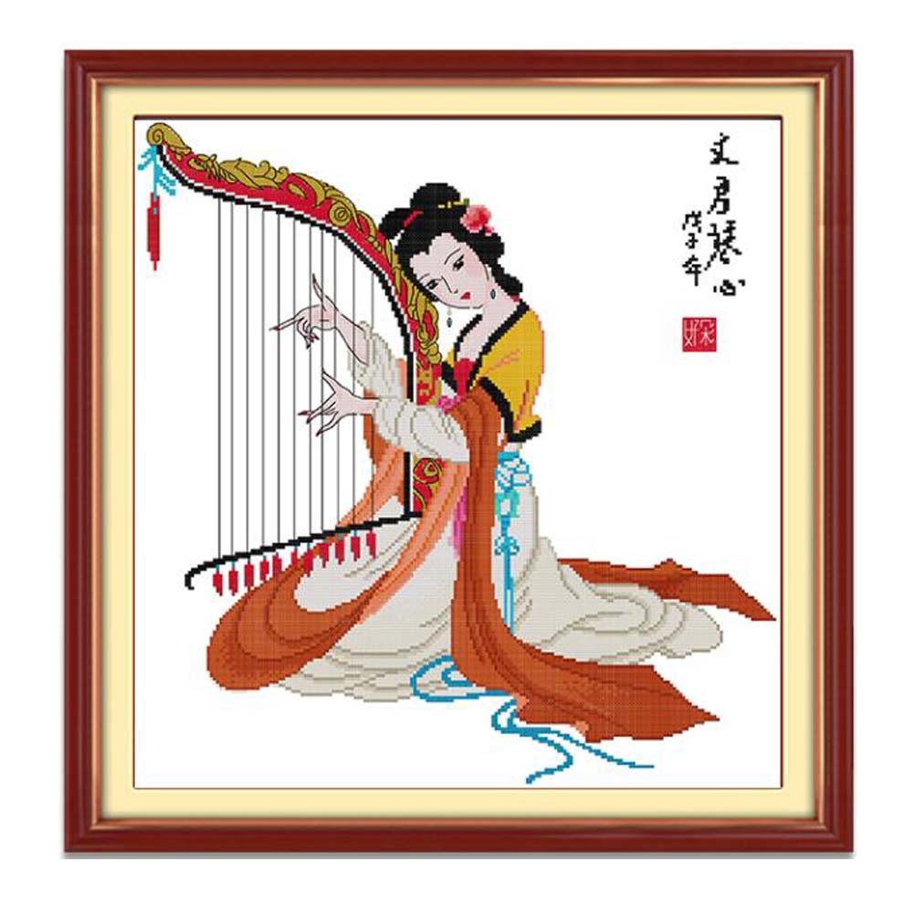 11CT Cross Stitch Kits DIY Embroidery Crafts Needlepoint Kit Chinese Ancient Beauty Play Music,22x23 inch