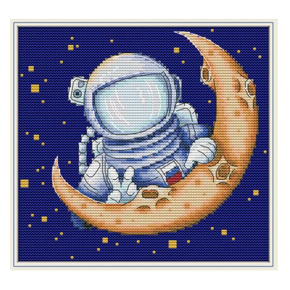 11CT Stamped Cross Stitch Kits Spaceman Universe Moon Boys Room Decor DIY Embroidery Kits, 11x10inch