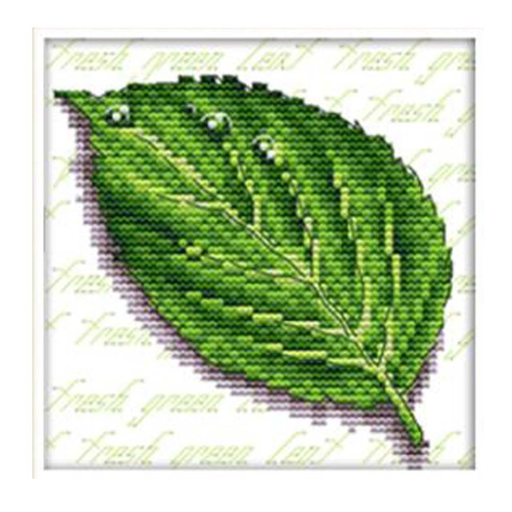 11CT Stamped Cross Stitch Kits Green Leaf Hallway Wall Decor DIY Easy Embroidery Kits, 7.8x7.8inch