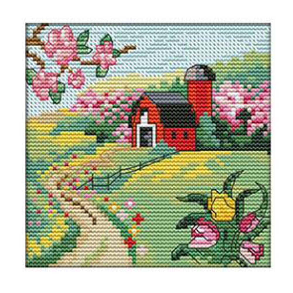 11CT Stamped Cross Stitch Kits DIY Embroidery Kits Living Room Wall Decor Seasonal Countryside Spring Landscape, 7x8inch