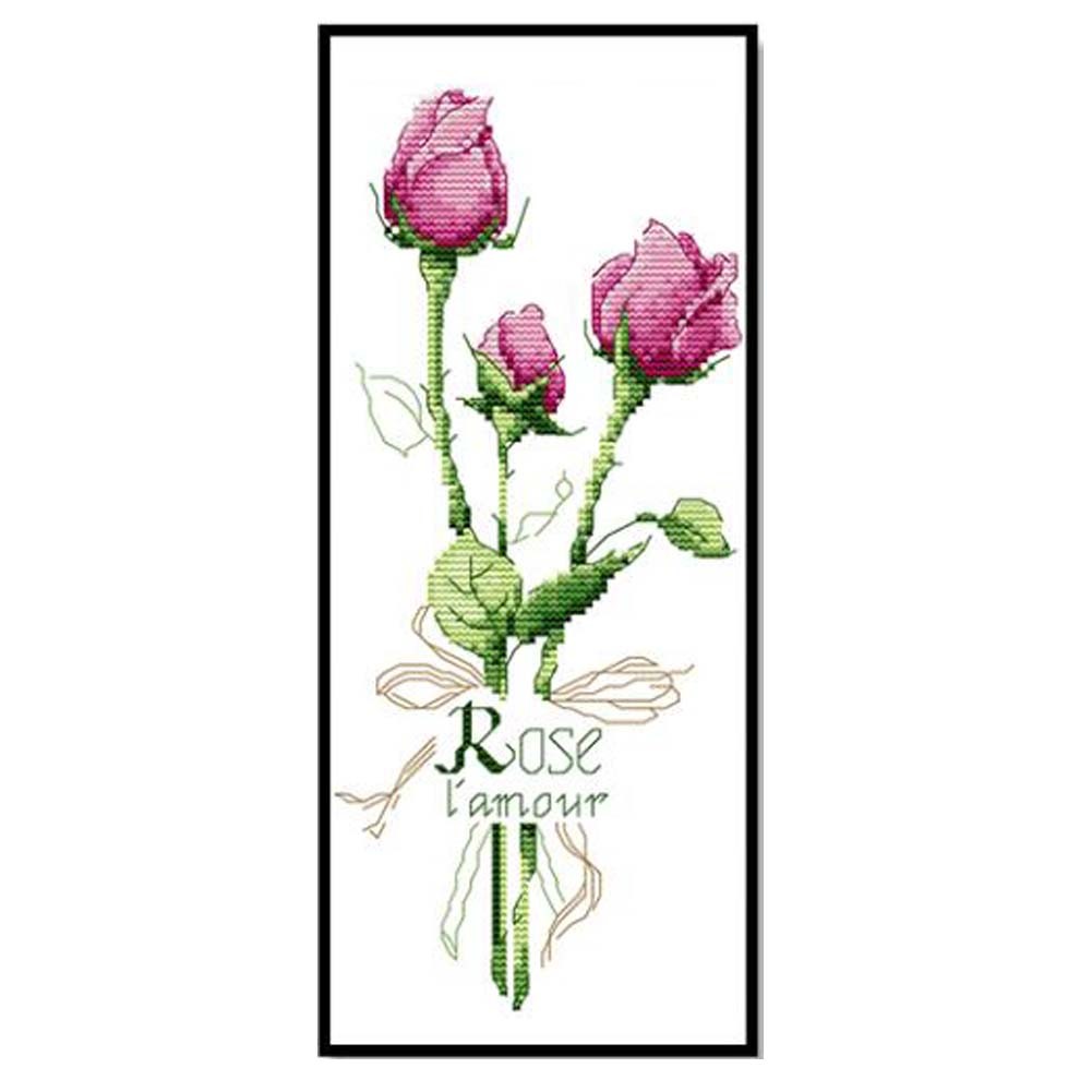 11CT Stamped Cross Stitch Kits DIY Embroidery Kits Living Room Bedroom Decor Plants Pink Rose Needlework Arts Crafts, 7x15inch