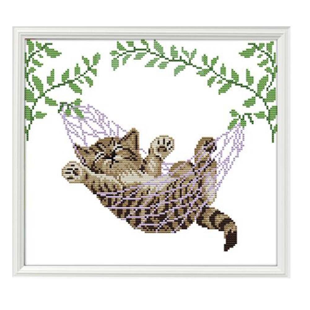 11CT Stamped Cross Stitch Kits DIY Embroidery Kits Animal Needlework Lovely Sleeping Cat Wall Decor, 16x15inch