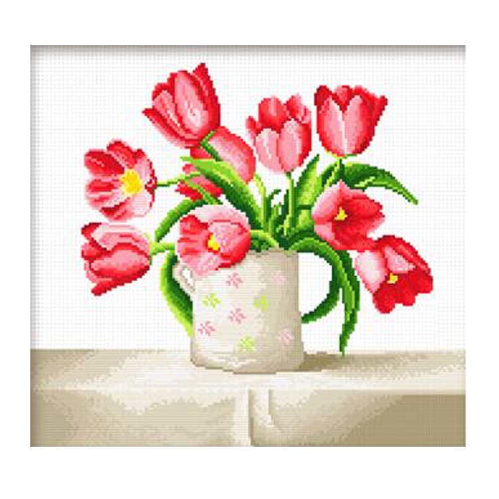 11CT Stamped Counted Cross Stitch Kits Preprinted Embroidery Kits for Adults, Pink Flowers in A Cup 19x19 inch