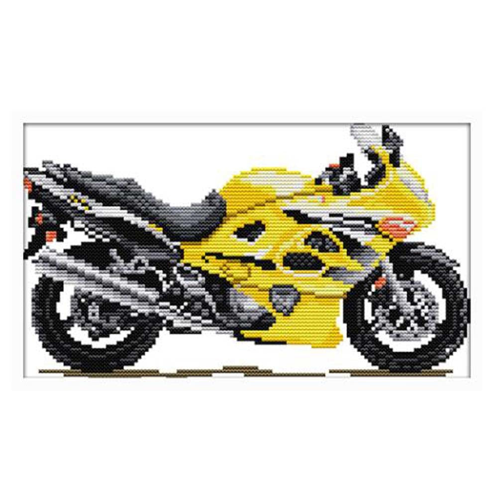 11CT Stamped Cross Stitch Kits Yellow Motorbike Boys Room Decor DIY Embroidery Kits, 15x8inch