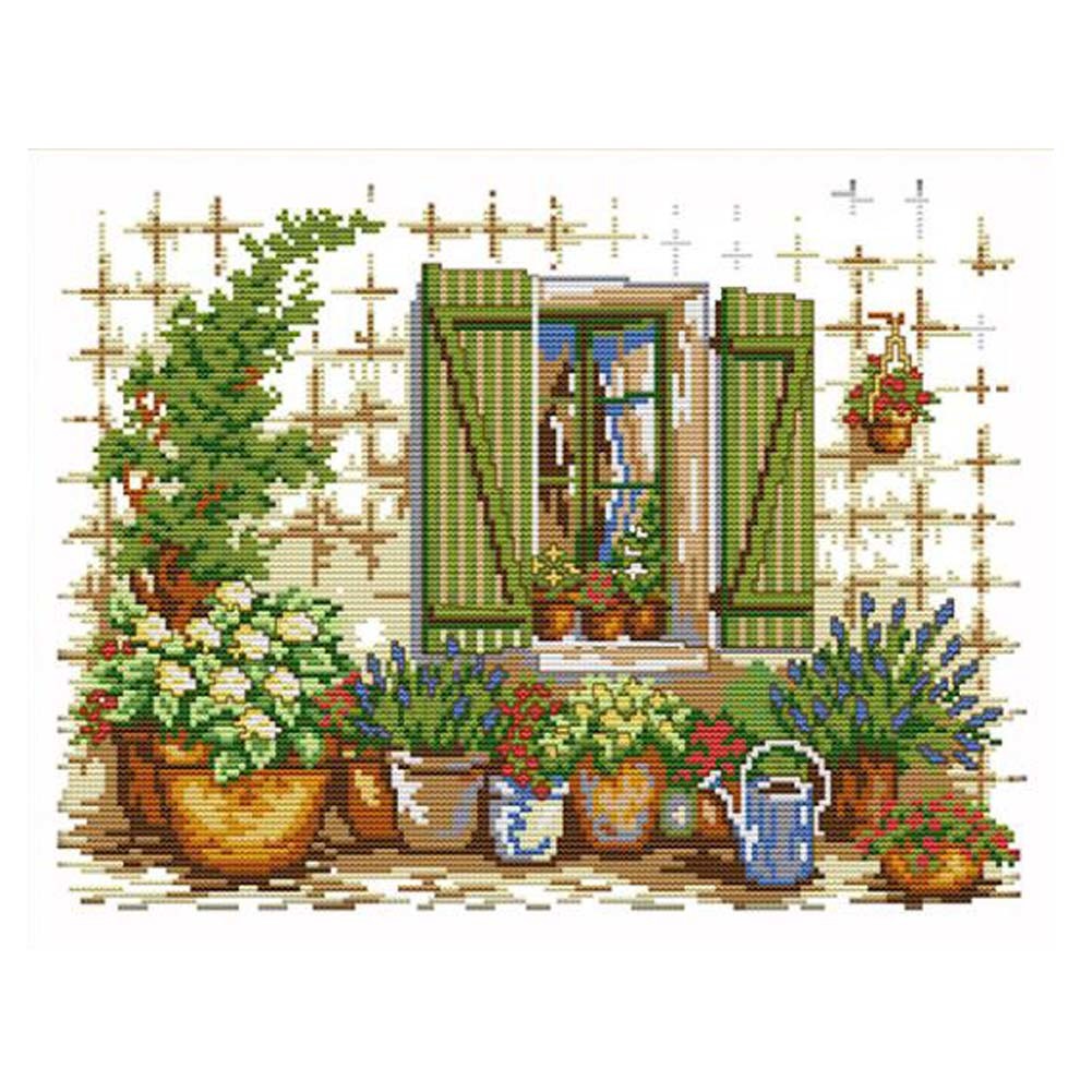 11CT Stamped Cross Stitch Kits Rural Landscape Courtyard Flowers DIY Embroidery Kits, 18x14inch