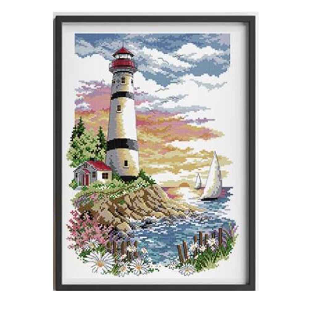 11 CT Lighthouse Counted Cross Stitch Kit for Adult DIY Craft Landscape Embroidery, 10x15 inch