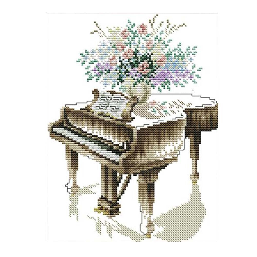 11CT Stamped Cross Stitch Kits DIY Embroidery Kits Living Room Wall Decor Grand Piano, 11x15inch