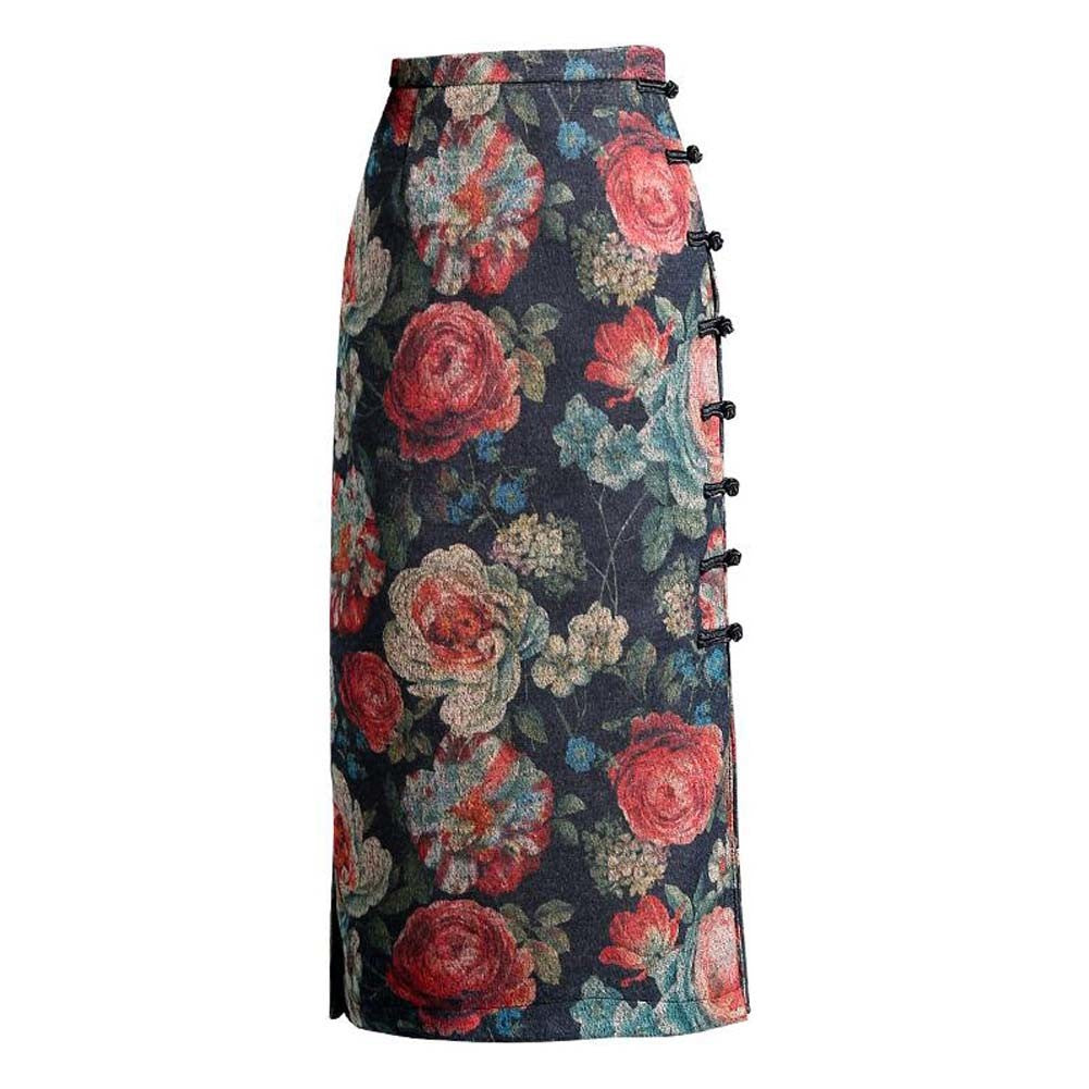 Fall Ethnic Style Wrap Skirt Rose High Waist Split Tweed Midi Skirt Retro Bodycon Pencil Long Skirt