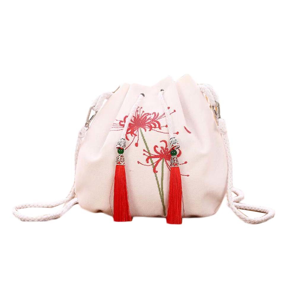 White Chinese Style Hanfu Bag Crossbody Bag Equinox Flower Embroidery Shoulder Bag Tassel Cell Phone Drawstring Bucket Bag