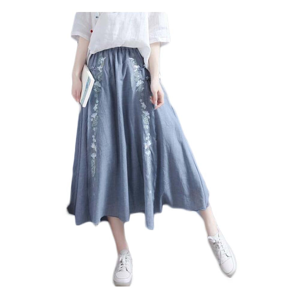 Chinese Style Embroidered Midi Skirt Two-layer Slit Vintage Long Skirt Casual Cotton Linen A-line Skirt, Blue