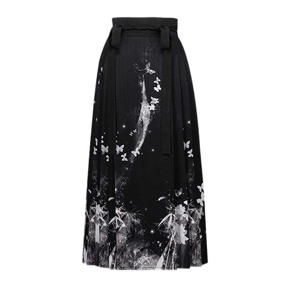 Chinese Style Ming Dynasty Hanfu Midi Skirt Improved One-Piece Horse Face Skirt Long Skirt Black White Print Pleated A-line Skirt